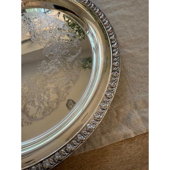 Large Vintage Round Silver Tray Rose Border - Picture 1 of 5